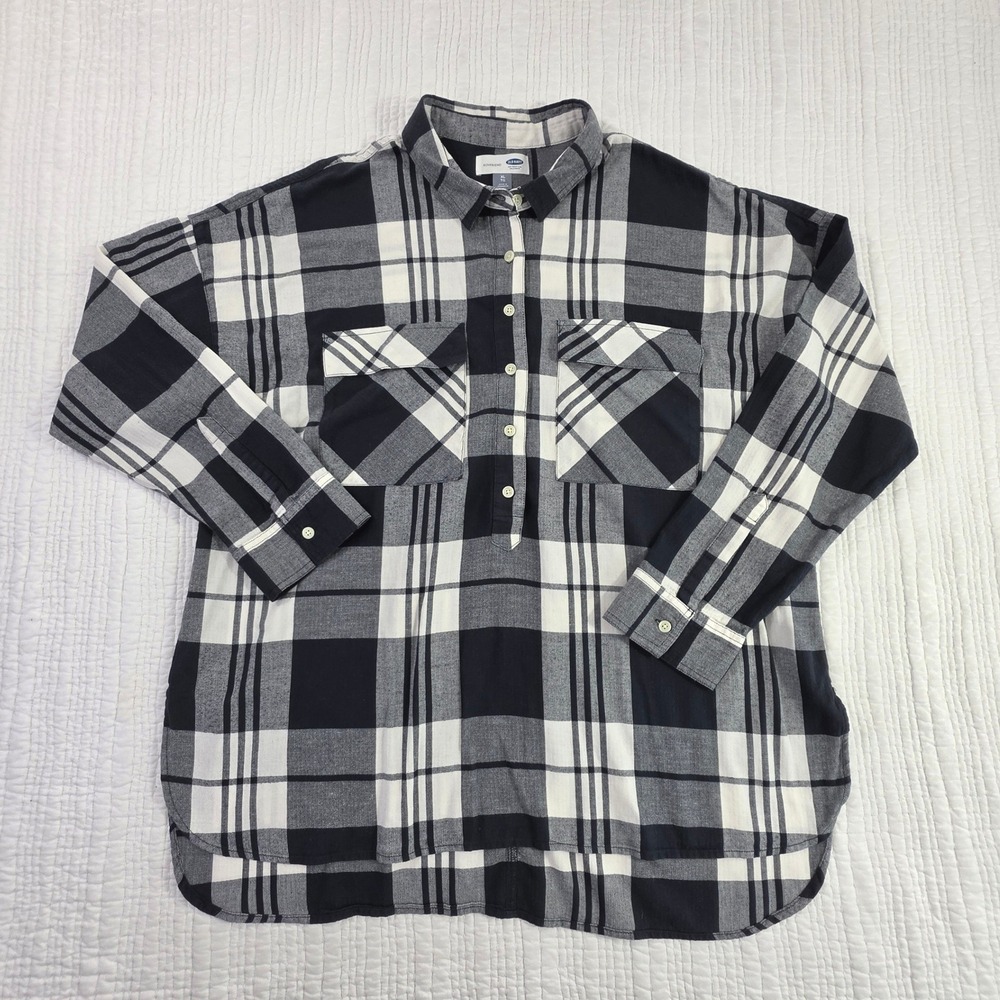 Old Navy Boyfriend Flannel Popover Shirt Charcoal Plaid Cotton XL 597608-00